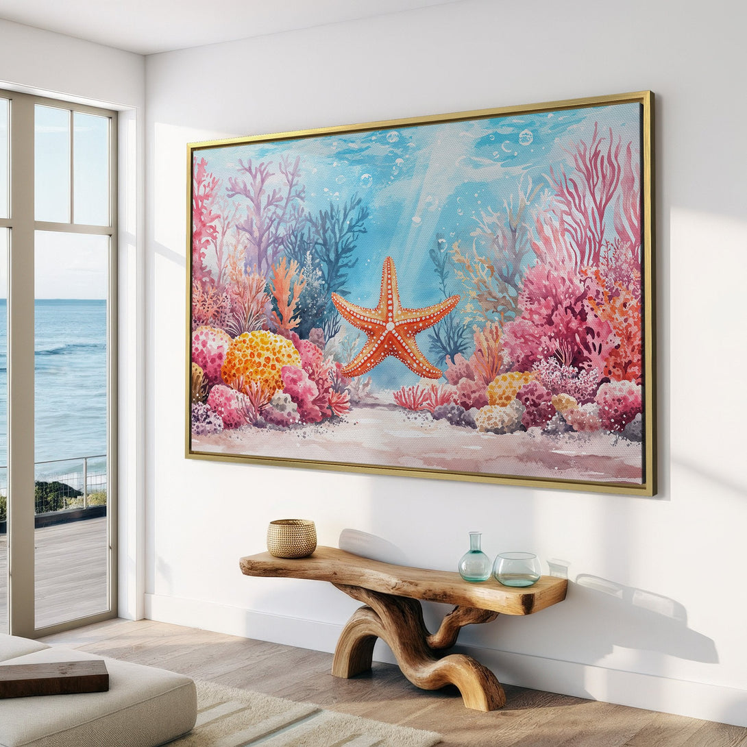 Canvas Print of a vibrant watercolor starfish and coral reef scene, perfect for coastal decor. Features a soft, pastel color palette.