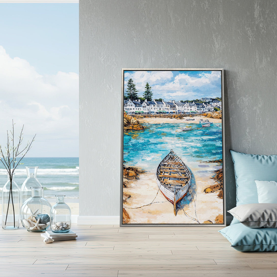 Framed Wall Art: Coastal scene Canvas Print with boat, houses, and turquoise water. Beautiful impressionist style, blue and neutral color palette, perfect for home decor.