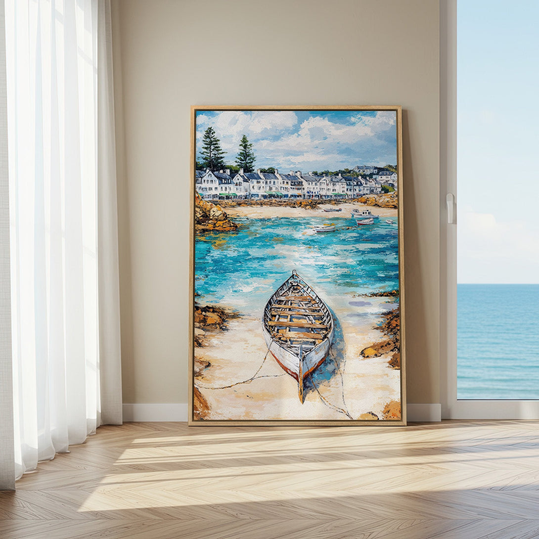 Framed Wall Art: Coastal boat scene in a vibrant blue and white palette. Adds a touch of nautical charm to any space. Shop now for stunning wall decor!