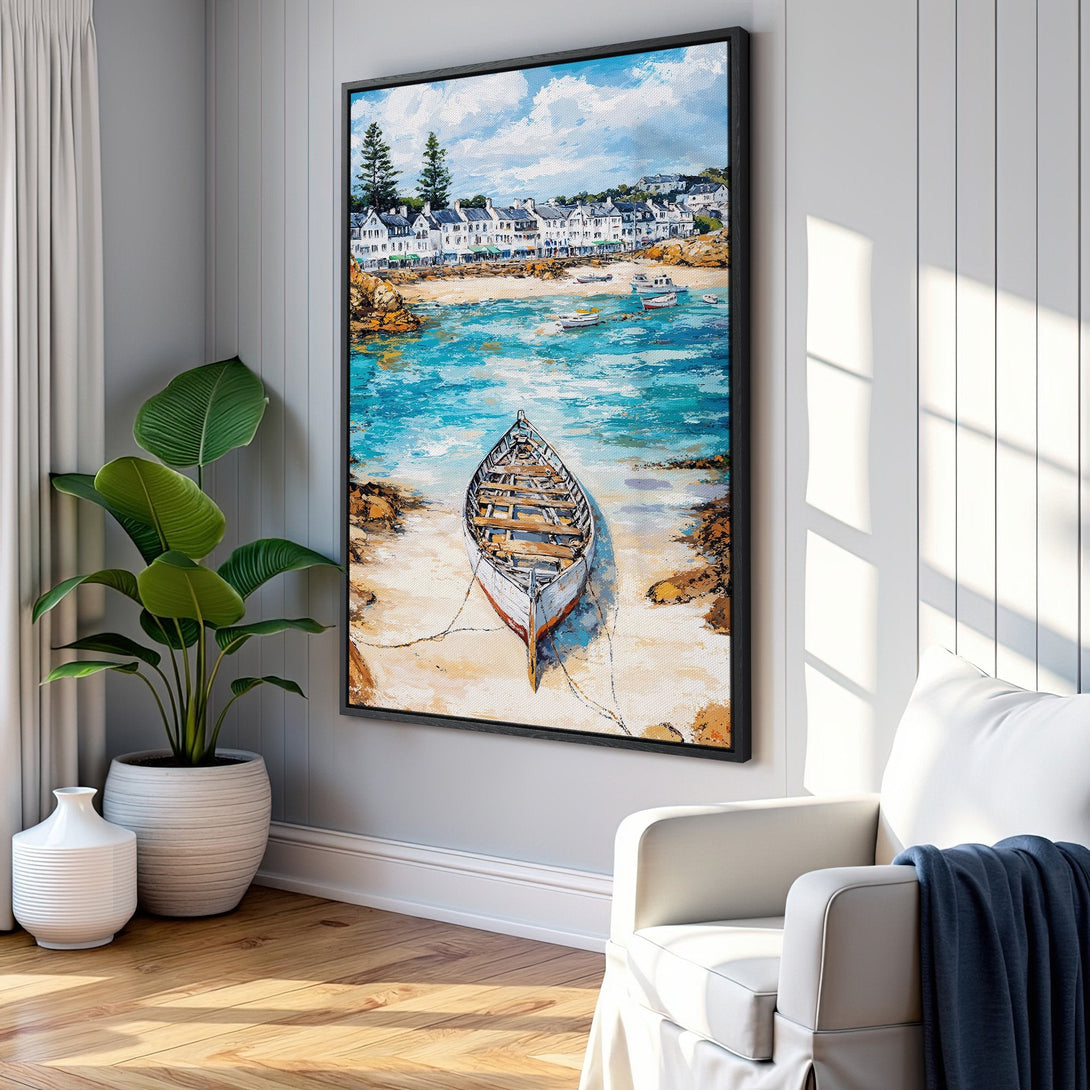Framed Wall Art of a coastal scene with a boat on the beach, vibrant blues and yellows. Perfect for adding a touch of serenity to your home.