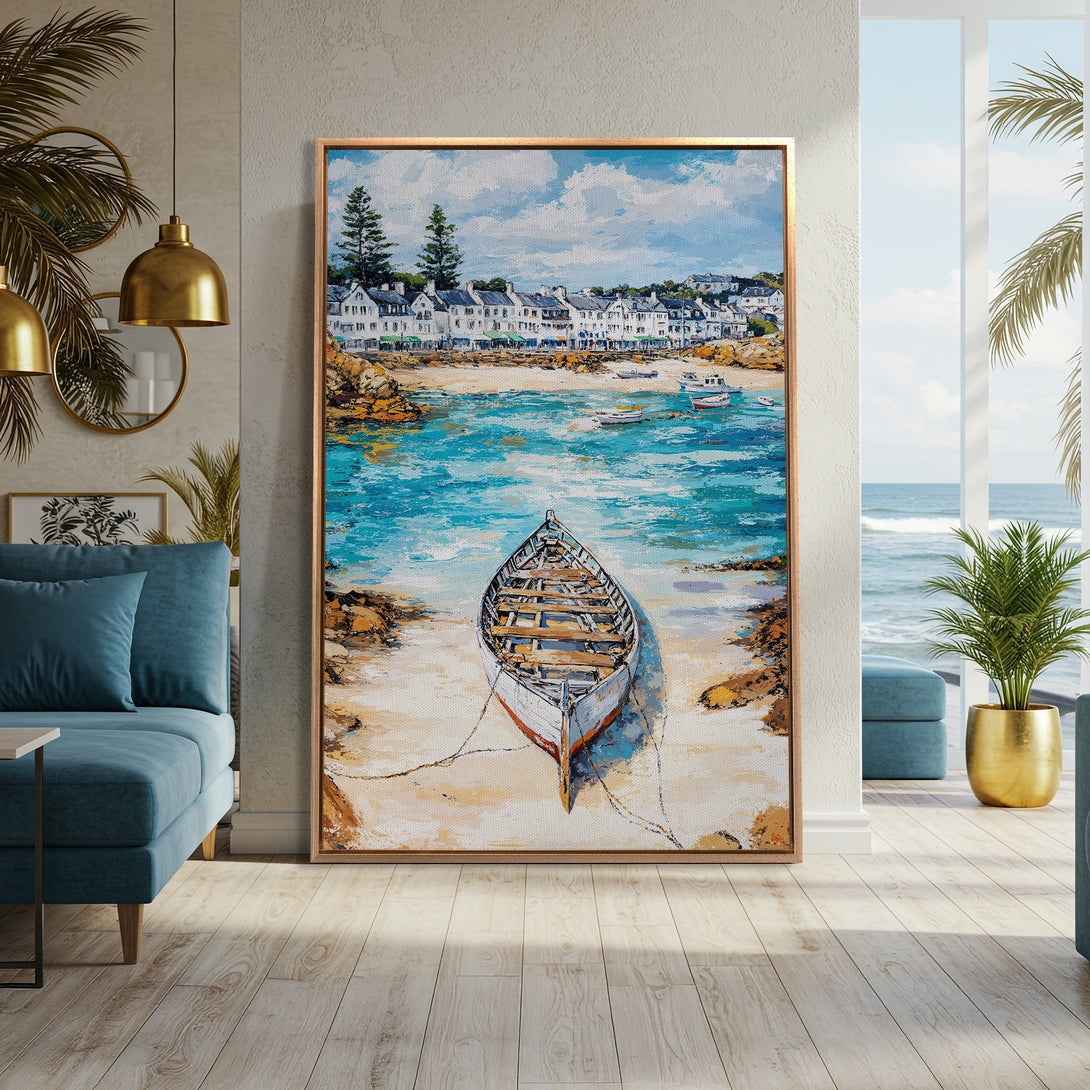 Framed Wall Art: Coastal boat scene with turquoise water and beach. Impressionist style canvas print in a warm, inviting living room setting.