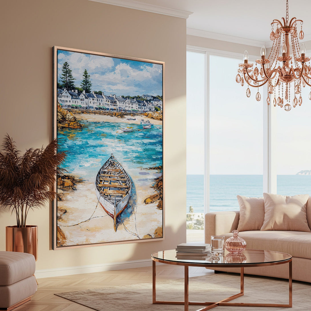 Framed Wall Art: Coastal scene Canvas Print with boat on beach. Impressionistic style, blue and beige color palette, perfect for modern decor.