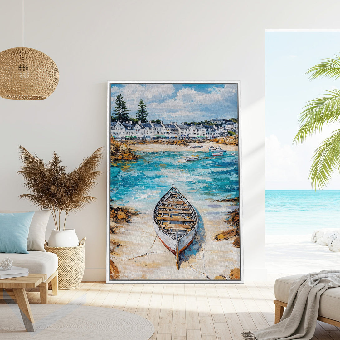Framed Wall Art: Coastal boat scene in blue and white. Impressionist style canvas print perfect for beach house decor. Add a touch of serenity to your space!