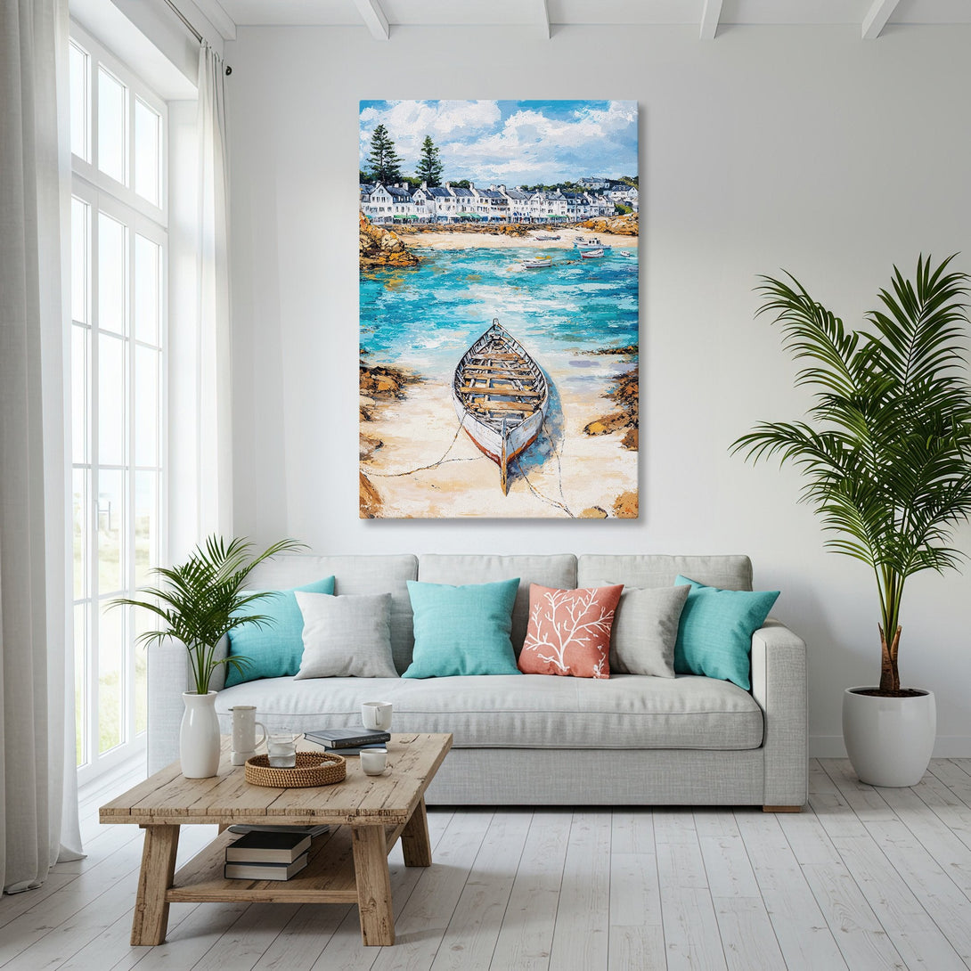 Framed Wall Art: Coastal boat scene in blue & gold. Enhance your home with this stunning canvas print, perfect for a modern, beachy aesthetic.