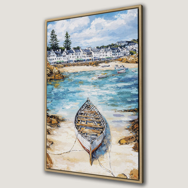 Framed Wall Art: Coastal scene Canvas Print with a boat on the beach. Featuring a blue and beige color palette, this artwork is perfect for any home.