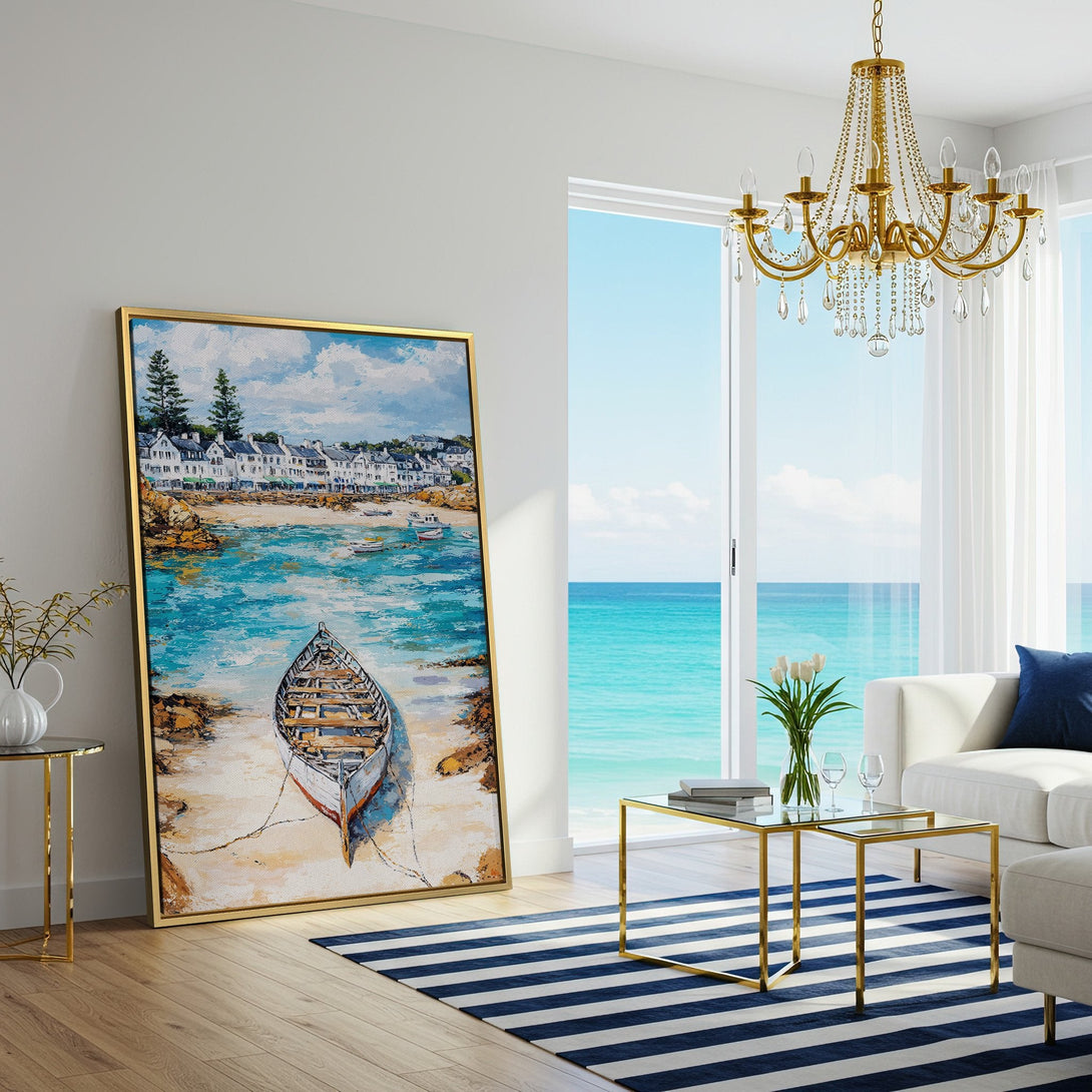 Canvas Print of a coastal boat scene, showcasing a vibrant blue and white color palette in a painterly style. Perfect for adding a touch of serenity.