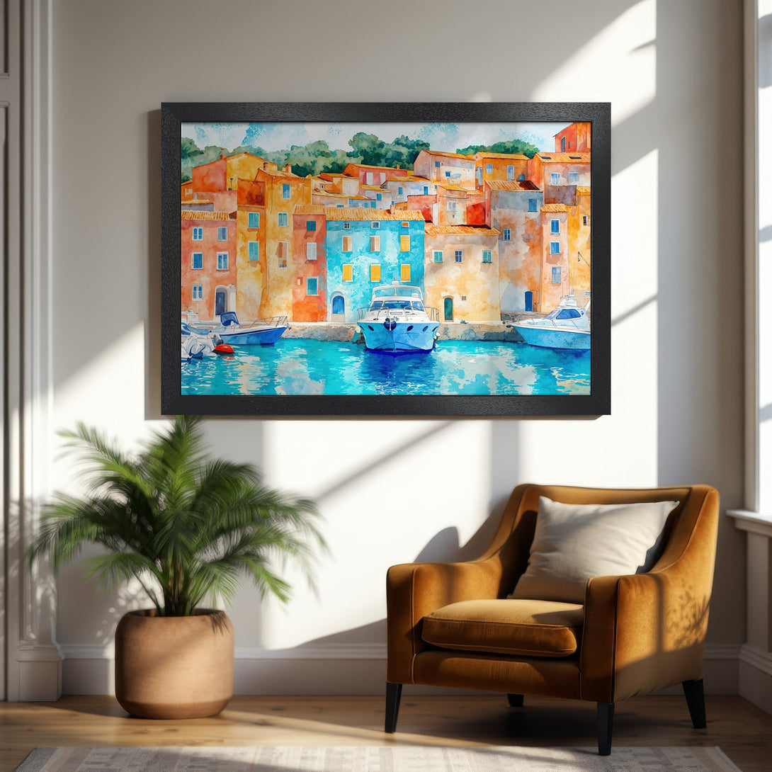 Framed Poster of colorful harbor scene, watercolor style. Features boats, buildings in orange, blue, and yellow hues. Perfect wall art.