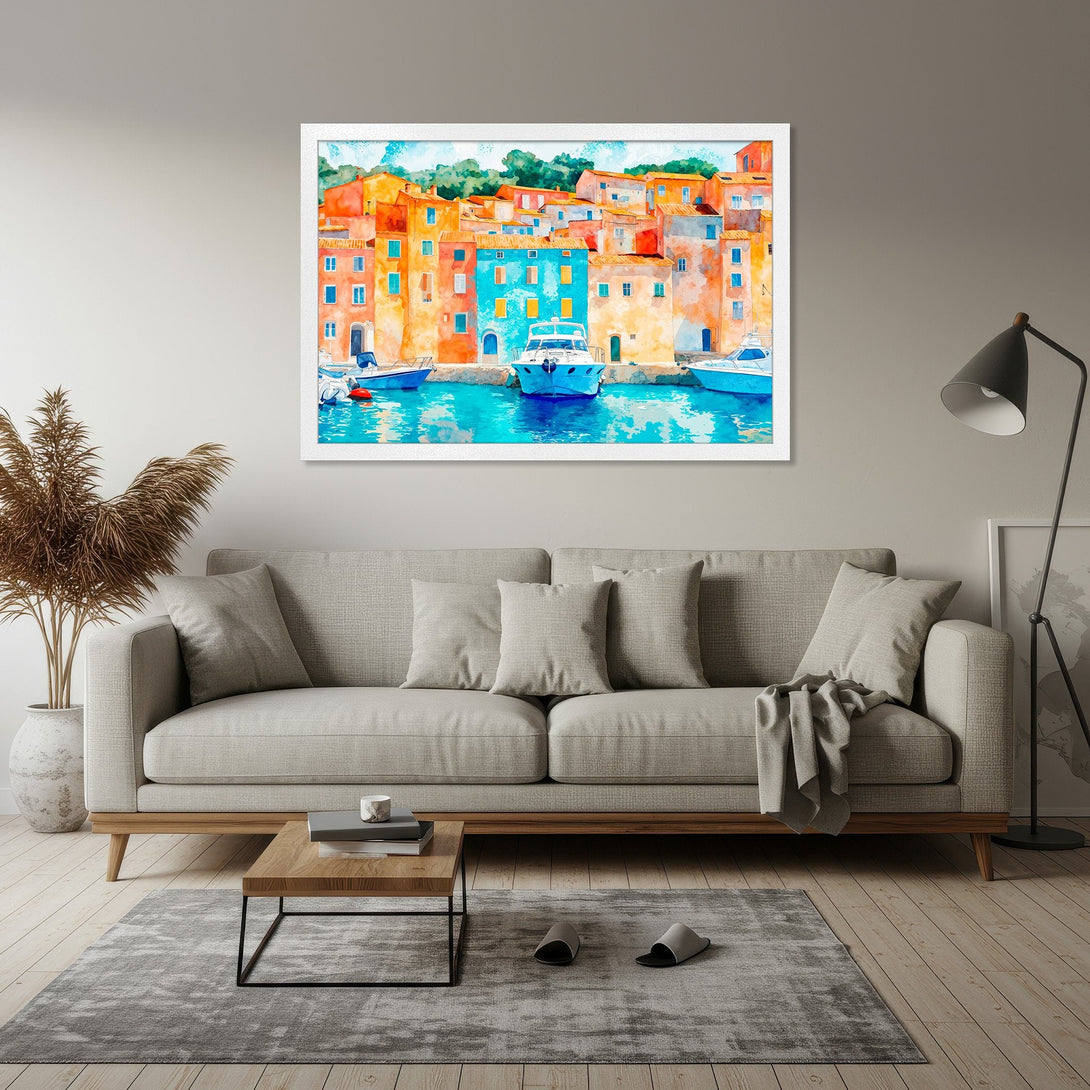 Framed Poster featuring a vibrant watercolor painting of a coastal village. Showcasing bright blues, oranges, and yellows. Perfect wall art!