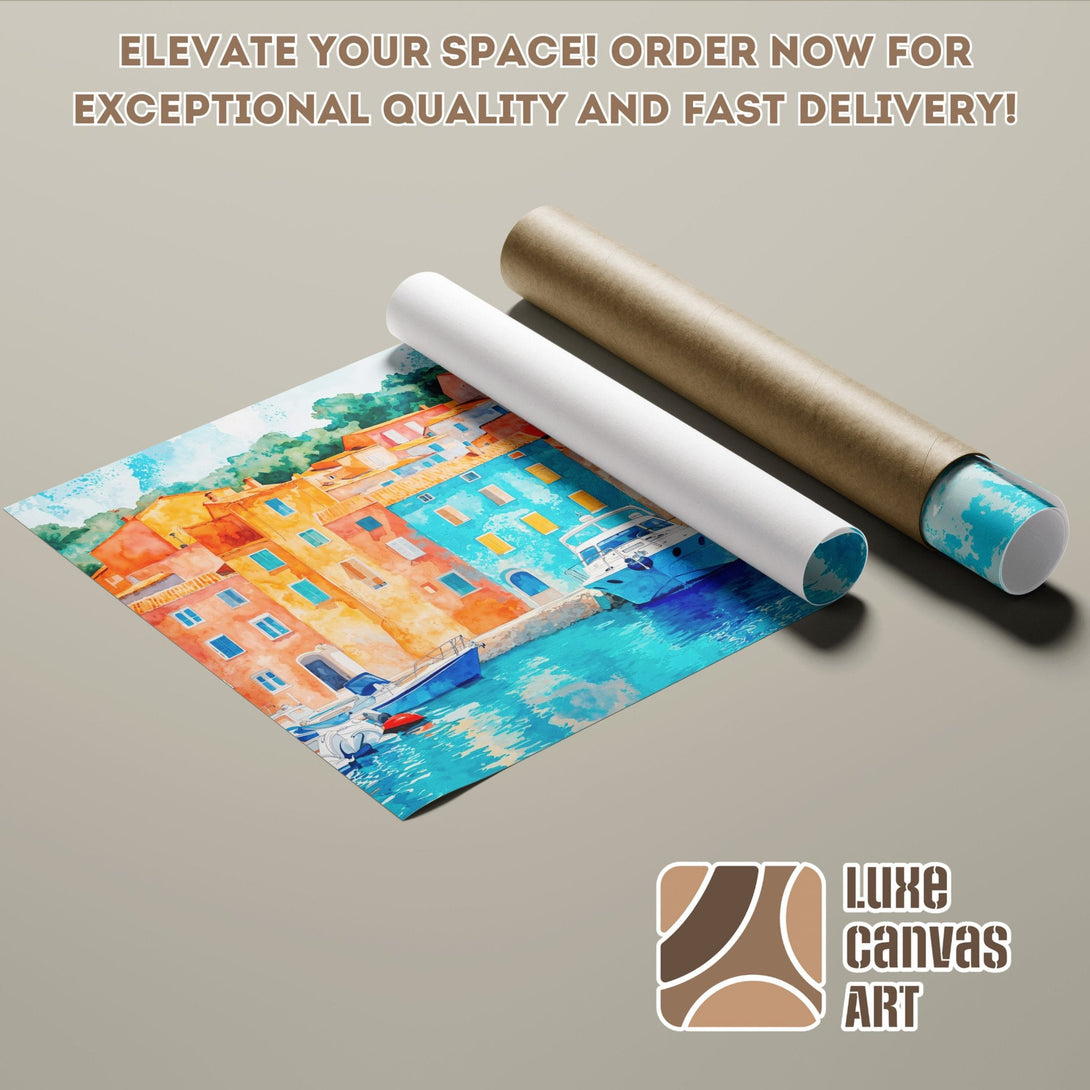 Watercolor Poster Roll featuring a colorful coastal scene, vibrant orange and blue hues.