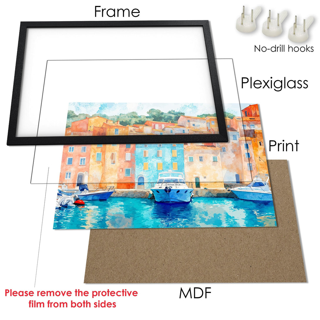 Framed Poster: Watercolor coastal scene in blue, orange, and turquoise. Add a touch of serenity to your space!