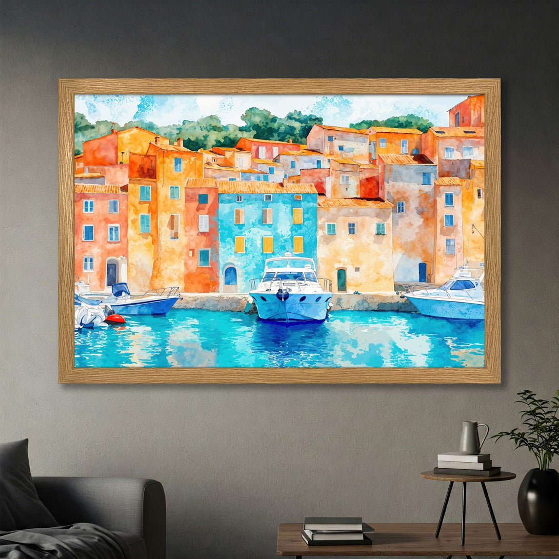 Framed Poster featuring a watercolor painting of a seaside town with boats. Vibrant colors: orange, blue, and turquoise. Perfect for coastal decor.