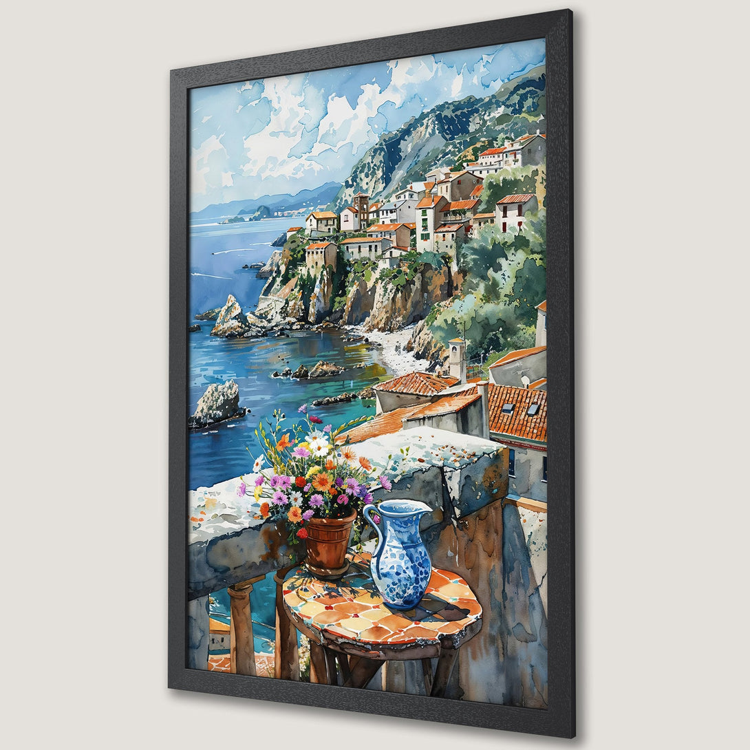 Framed Poster of a coastal village in watercolor style. Features a blue and orange color palette, perfect for adding a touch of Mediterranean charm.