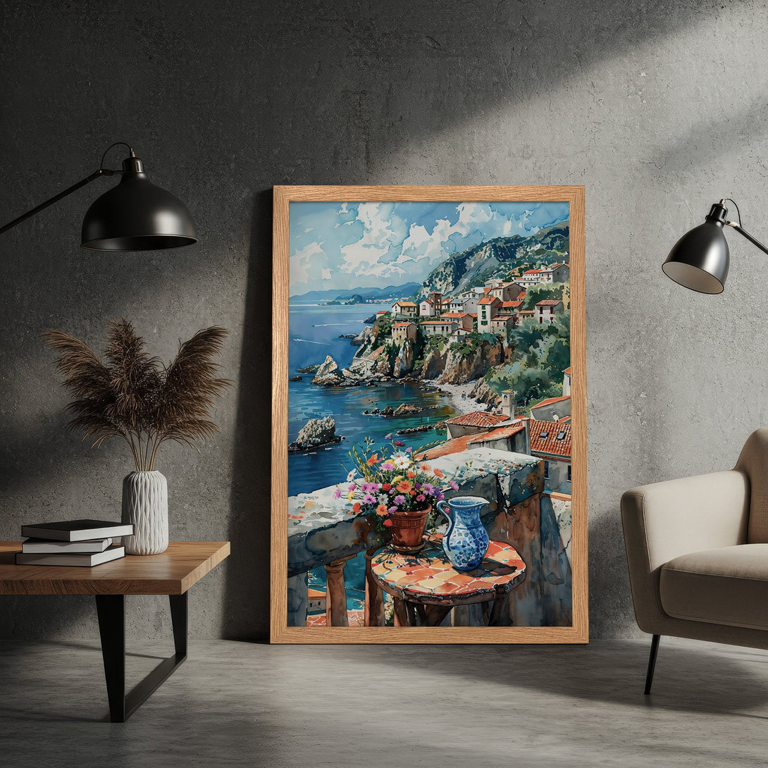 Framed Poster of coastal village watercolor art, blue & earth tones. Add a touch of Mediterranean charm to your home!