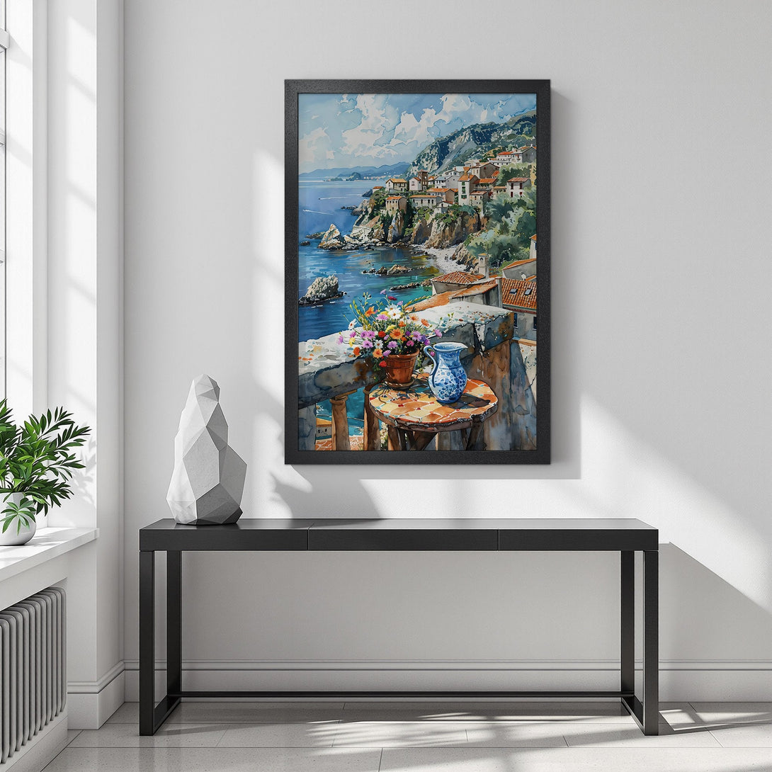 Framed Poster featuring a watercolor coastal scene. Beautiful blue, green, and earth-tone palette. Add a touch of Mediterranean charm to your home!