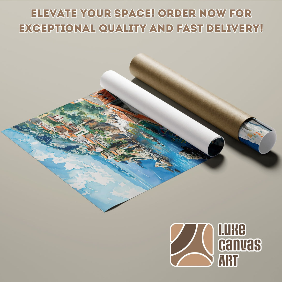 Watercolor Poster Roll featuring a coastal landscape in blue, green, and orange hues. Elevate your space with this art!