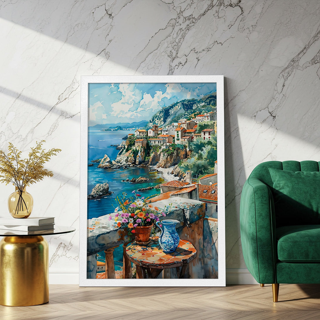 Framed Poster of a coastal village in watercolor style. Features blue, green, and orange hues. Perfect wall art for any space.