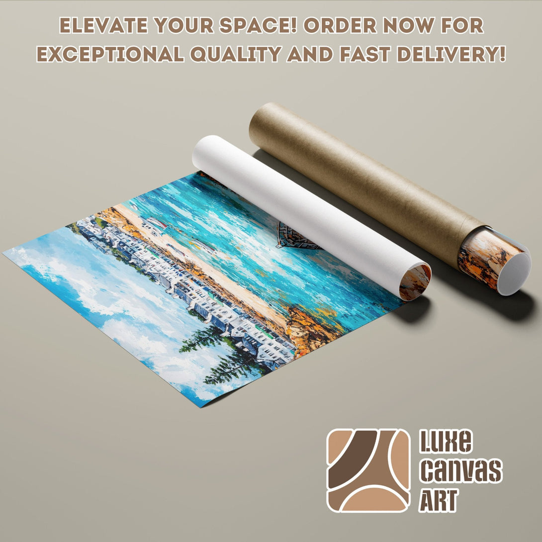 Poster Roll featuring a coastal landscape painting in vibrant blue and orange hues.
