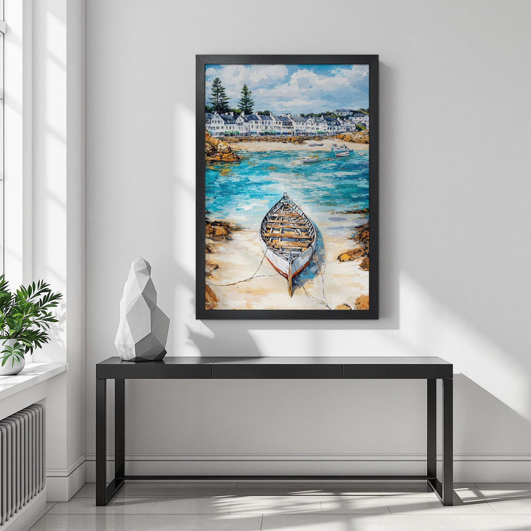 Framed Poster of a coastal scene with a boat. Features a blue, white, and brown color palette in an impressionistic style. Perfect wall art!
