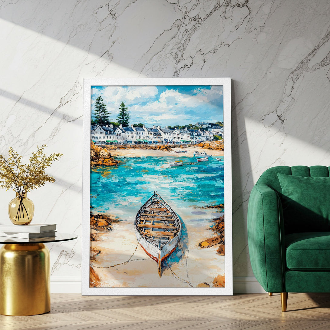 Framed Poster of a boat on a beach with a vibrant turquoise sea. Impressionistic style with blue, white, and orange tones. Perfect wall art!