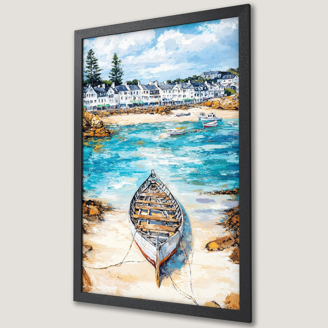 Framed Poster: Coastal scene art print with boat, houses, and vibrant blue water. Impressionistic style with a warm, inviting color palette.