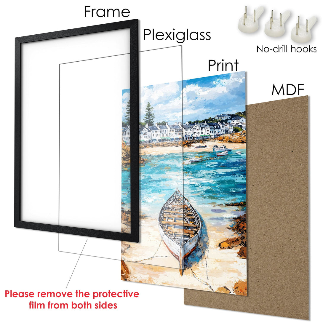 Framed Poster: Coastal art print with boat on beach. Blue, white, & brown color palette. Perfect wall decor for your home.