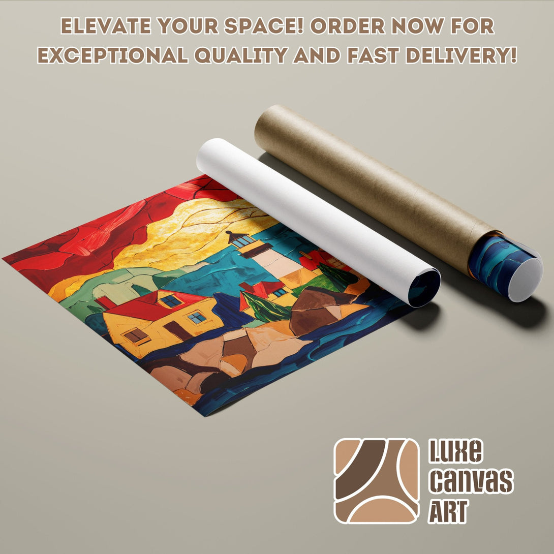 Abstract Lighthouse Poster Roll. Vibrant colors and modern style. Elevate your space with Luxe Canvas Art!