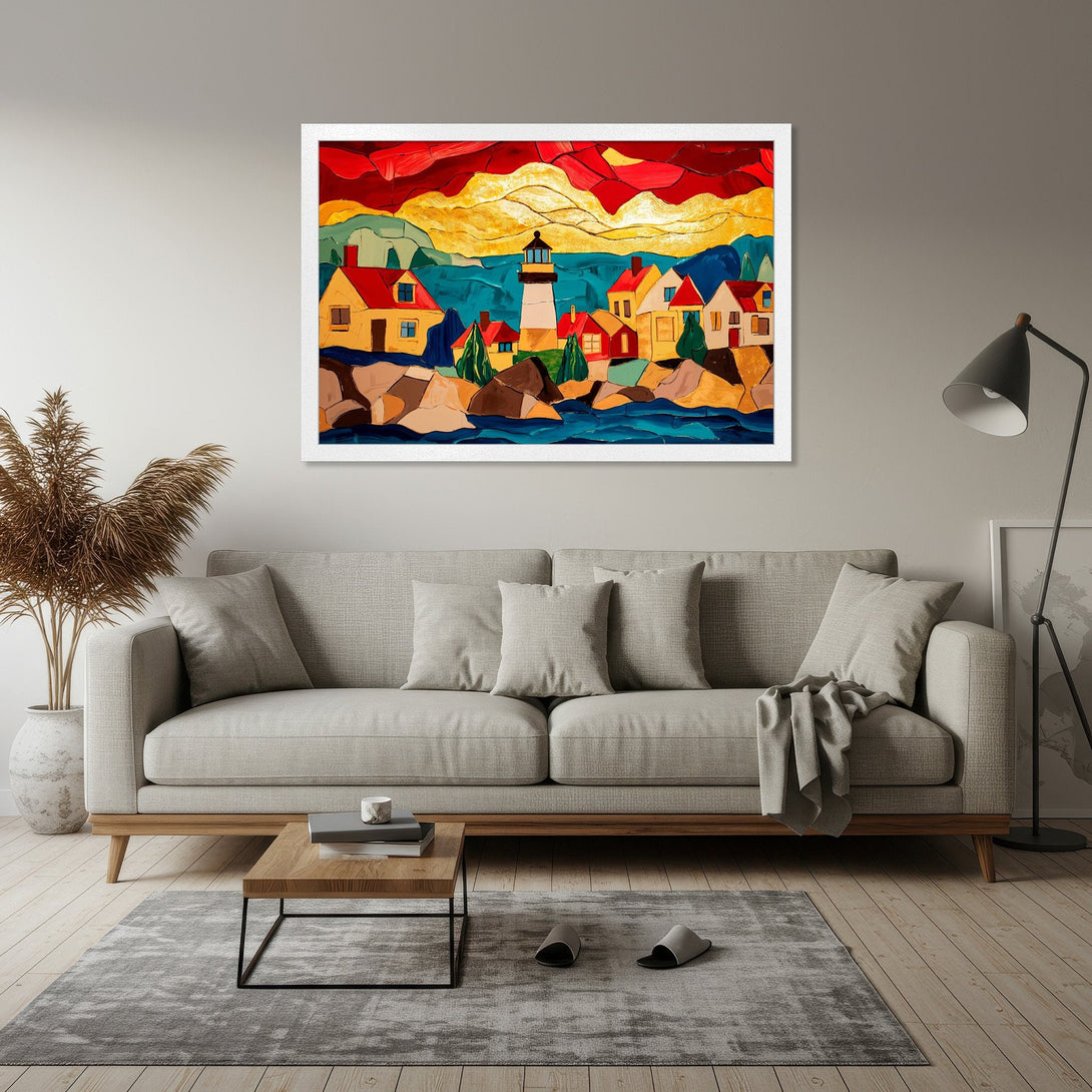 Framed Poster of a colorful coastal landscape painting. Abstract style with red, yellow, blue, and brown hues. Perfect wall art for your home.