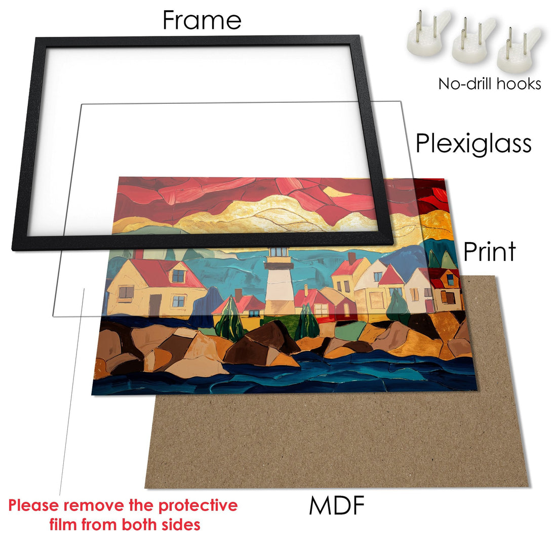 Framed Poster of a coastal scene in an impressionist style, featuring a lighthouse and colorful houses. Rich reds, blues, and golds. Ready to hang!