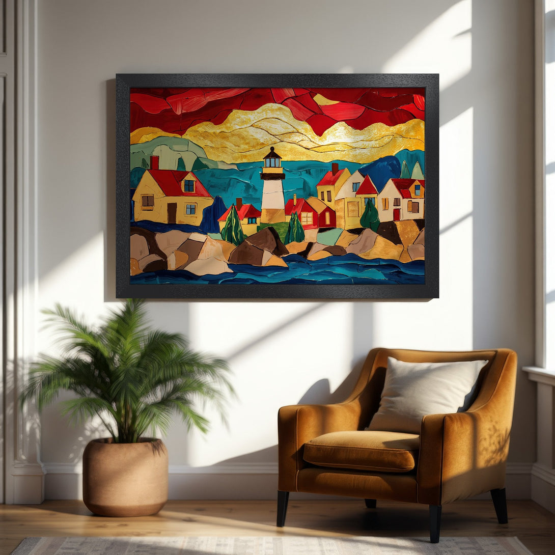 Framed Poster of a coastal scene in a vibrant, abstract style with a warm color palette. Perfect wall art!