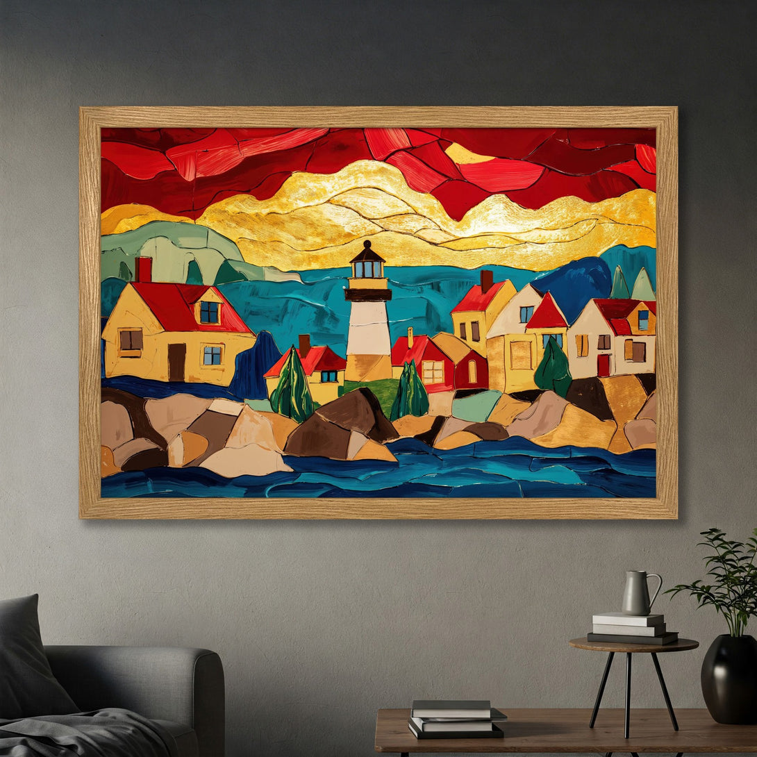 Framed Poster of a coastal village in a vibrant, abstract style with red, gold, and blue hues. Perfect wall art for your home!