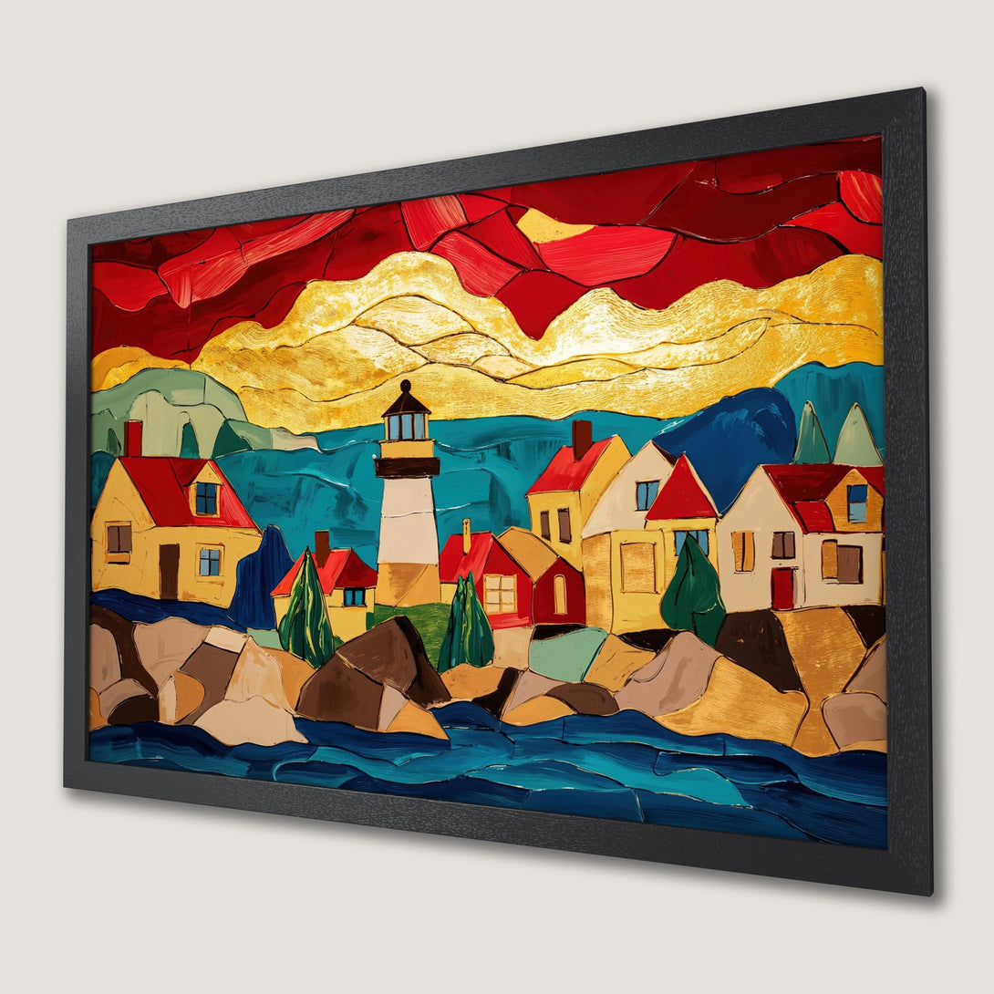 Framed Poster of a coastal scene with a lighthouse, in a vibrant, impressionistic style with red, yellow, and blue hues.