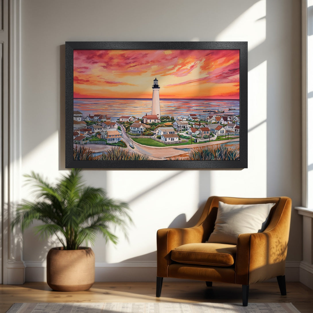 Framed Poster featuring a lighthouse at sunset. Watercolor style with warm red, orange, and yellow hues. Coastal art for your home.
