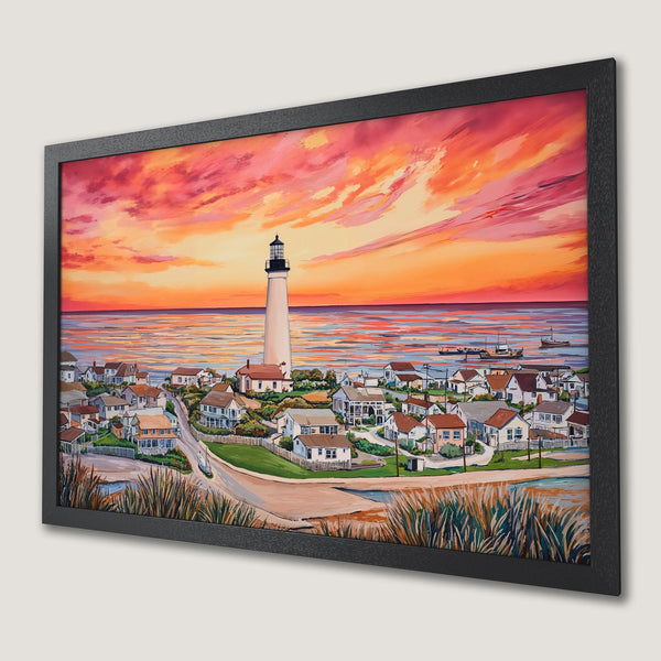 Framed Poster featuring a coastal scene with a lighthouse, painted in a vibrant style with a warm orange and pink sunset color palette.
