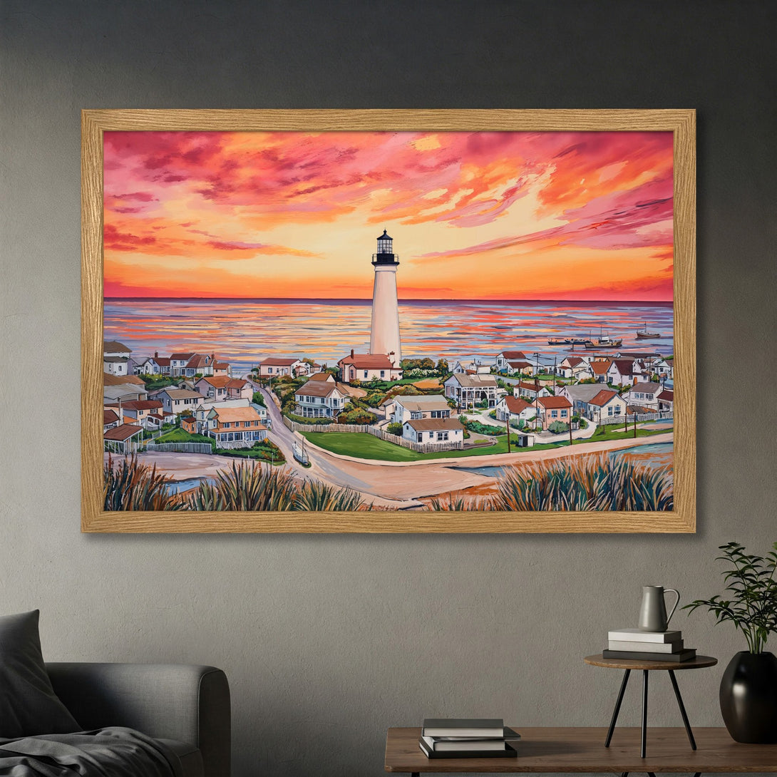 Framed Poster of a lighthouse at sunset. Coastal art print in warm orange and pink hues. Perfect wall decor for your home!
