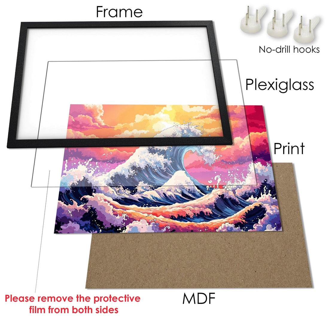 Framed Poster: Vibrant wave art print in a black frame. Stunning sunset color palette. Perfect wall decor.