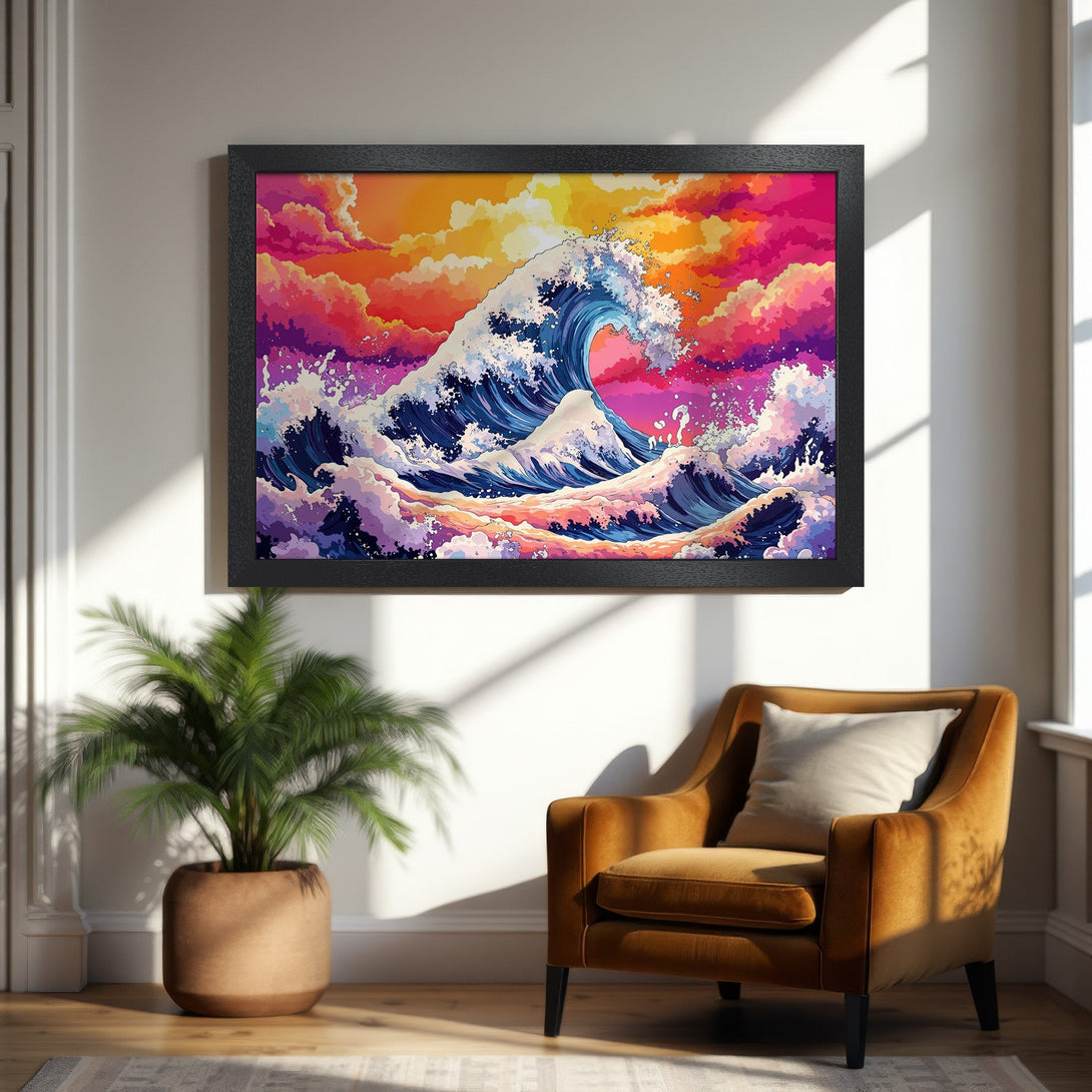 Framed Poster featuring a vibrant wave art print in a colorful palette of pink, orange, and blue. Perfect wall decor!