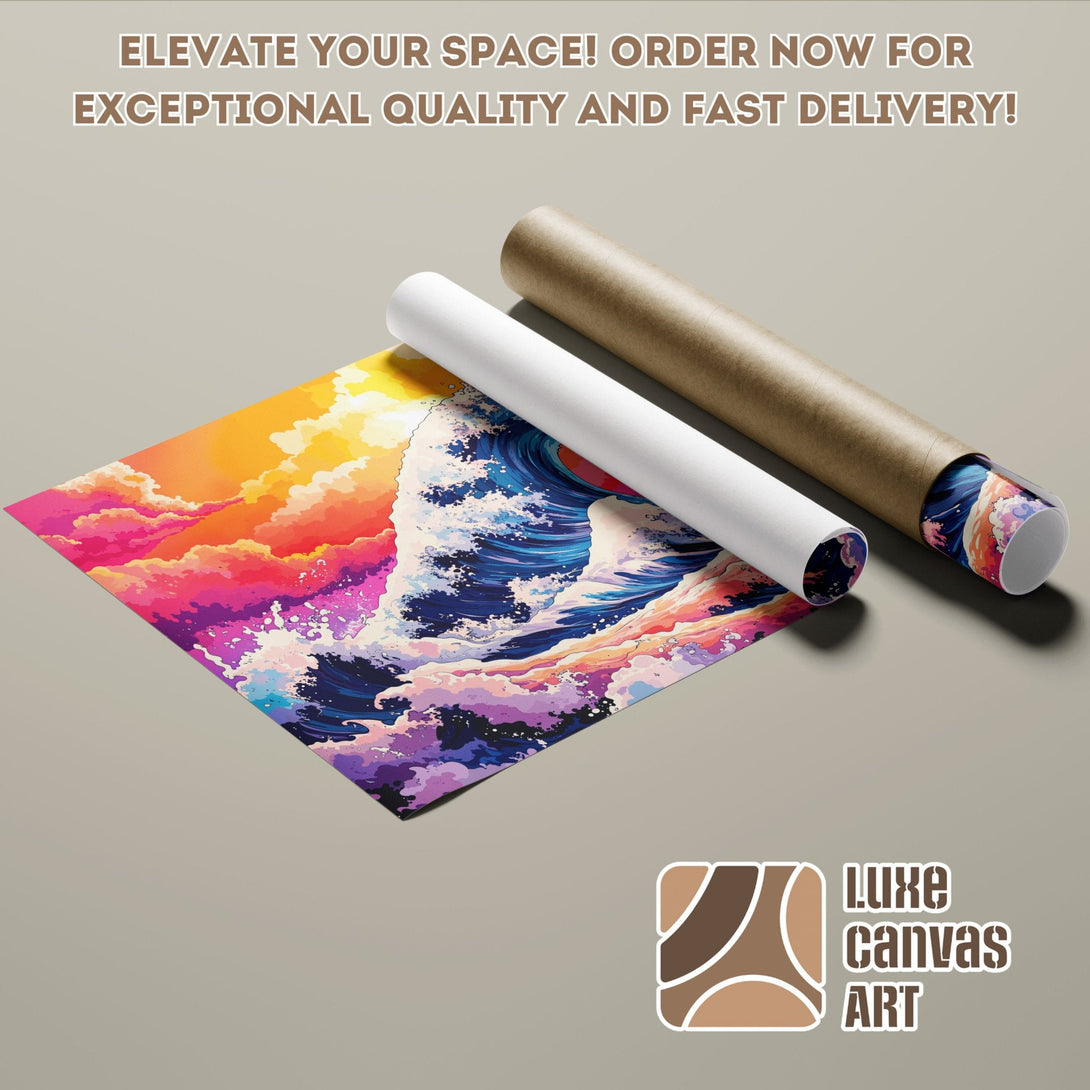 Poster Roll featuring a vibrant wave art print in a colorful palette of pink, orange, and blue.