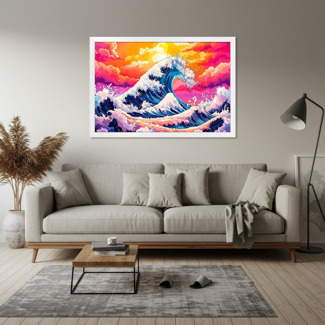 Framed Poster of a vibrant wave in a colorful, stylized art print. Featuring a bold color palette of pink, orange, and blue.