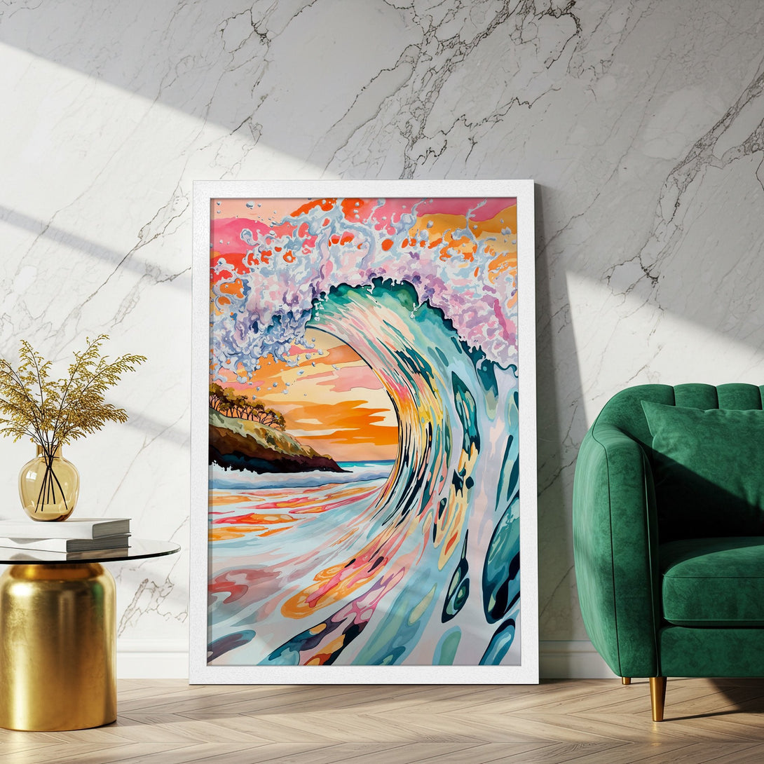 Framed Poster of a watercolor wave art print. Vibrant colors of orange, pink, and teal. Coastal decor for your home!