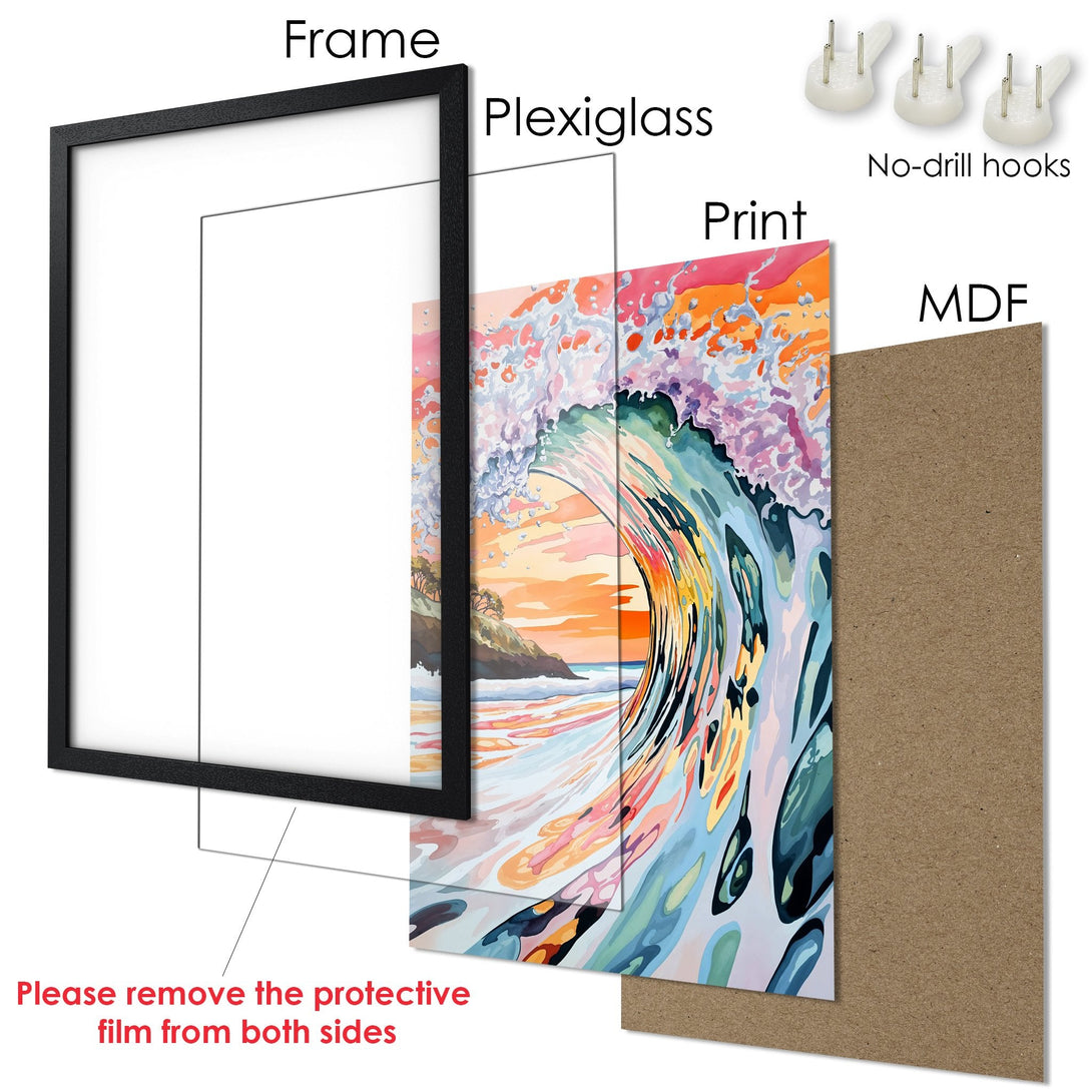 Framed Poster of a watercolor wave crashing. Vibrant orange, blue, and green color palette. Perfect wall art for your home.
