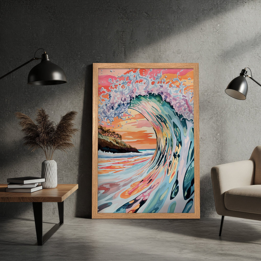 Framed Poster featuring a vibrant watercolor wave. Coastal art in a warm color palette of blues, oranges, and pinks. Perfect beach house decor.