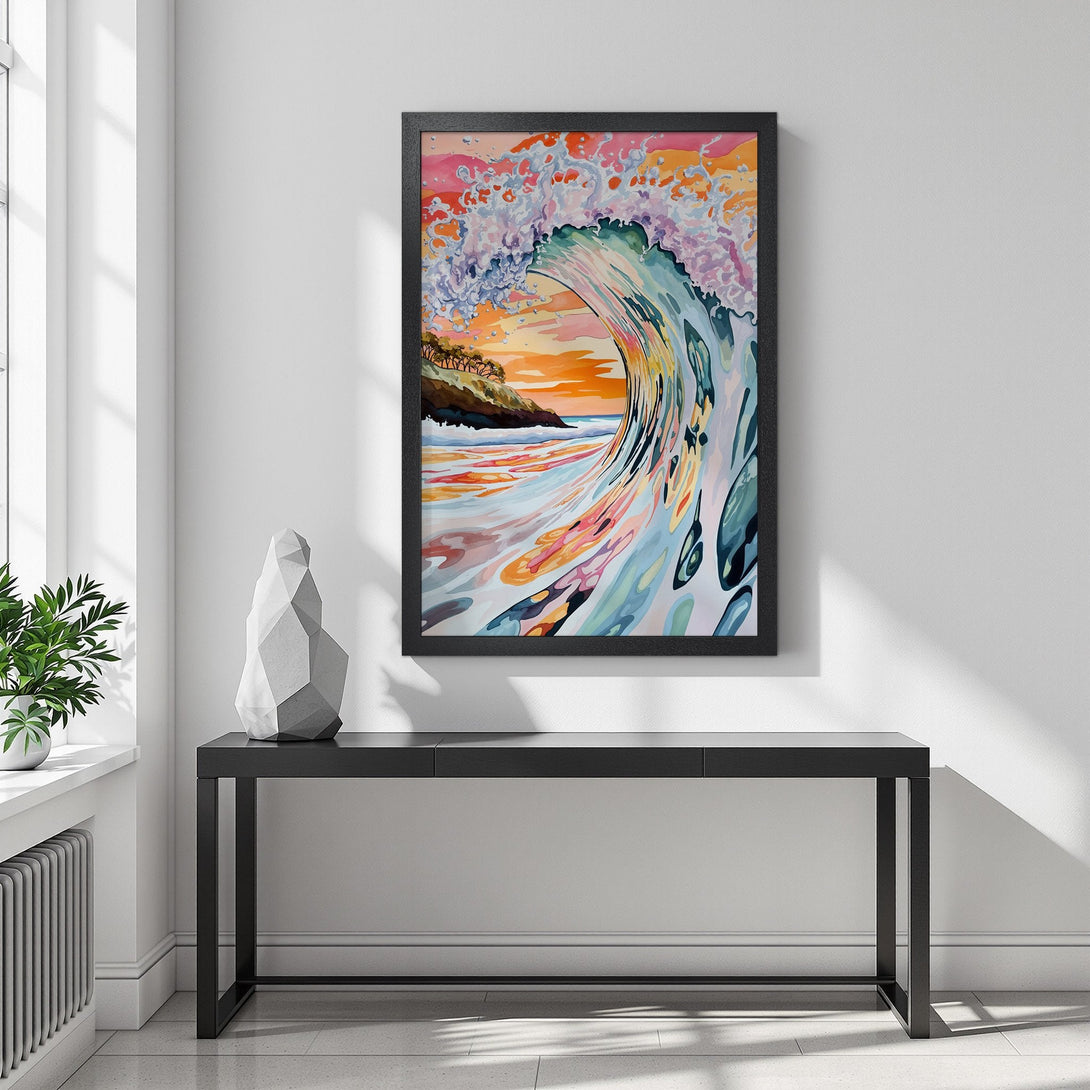 Framed Poster featuring a vibrant watercolor wave. Coastal art with a warm, colorful palette of oranges, blues, and pinks. Perfect wall decor!
