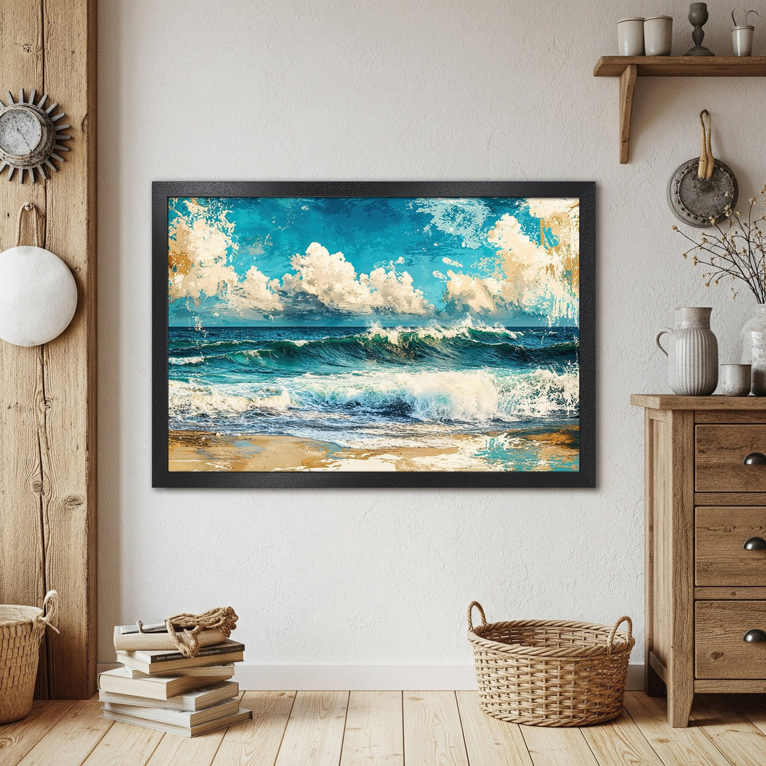 Framed Poster of ocean waves, impressionistic style, blue and gold color palette. Bring the beach home!
