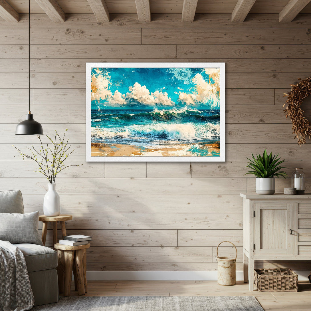 Framed Poster of ocean waves in a vibrant blue and turquoise color palette, perfect for coastal decor. Artistic style.
