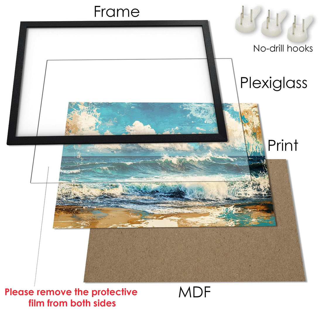 Framed Poster of ocean waves in blue and gold, ready to hang. Coastal art print for your home.