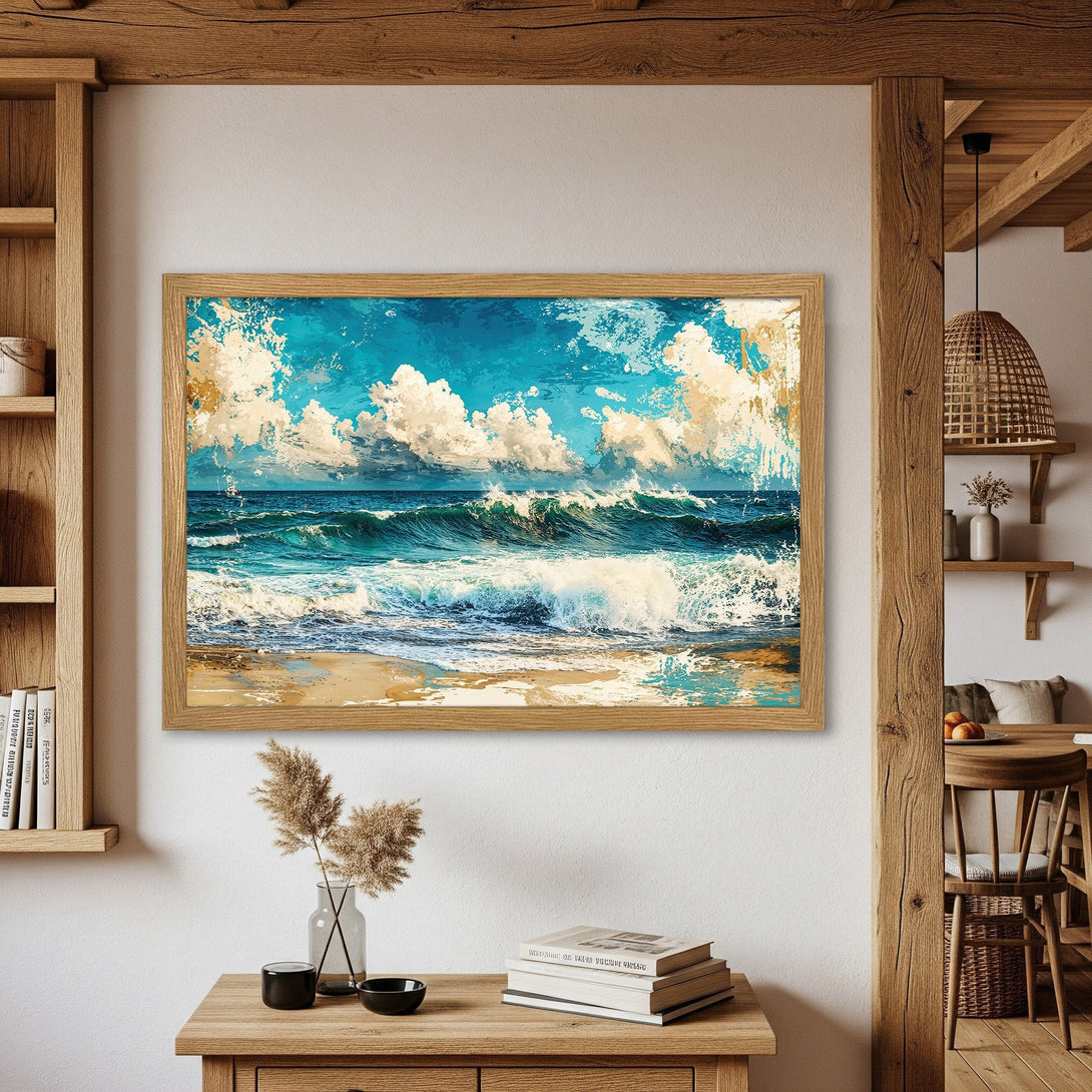Framed Poster of ocean waves in blue, turquoise, and beige. Coastal art print for a serene home. Buy your poster today!