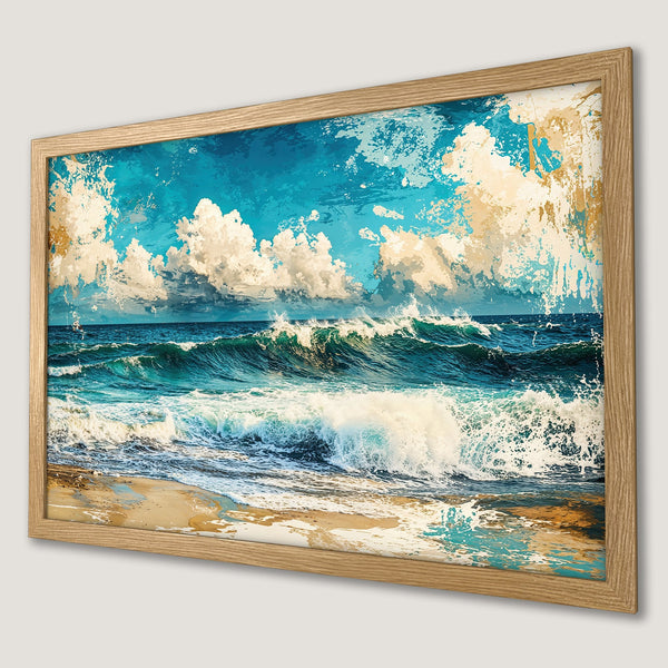 Framed Poster of ocean waves in a vibrant blue and beige palette. Coastal art print for your home decor.
