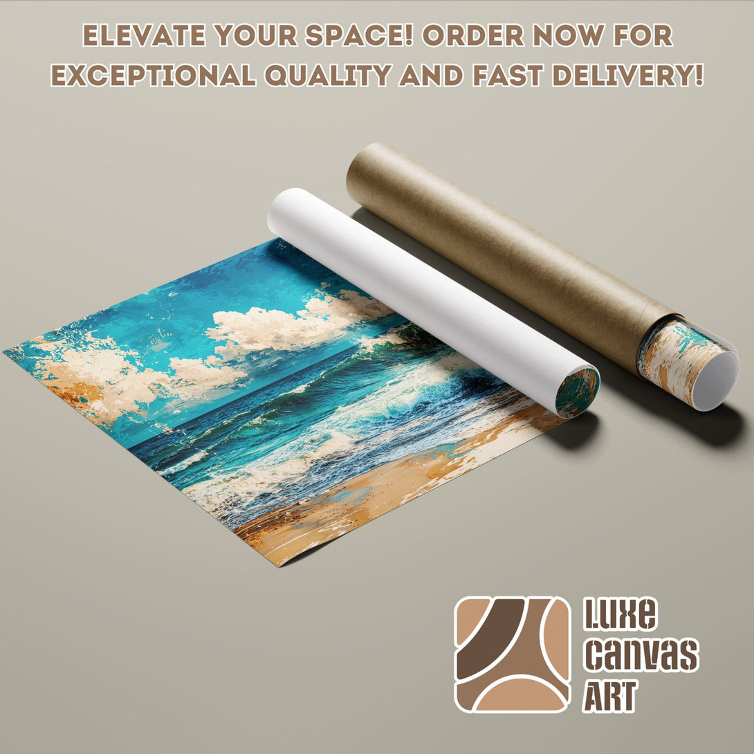 Ocean wave art poster roll, blue and beige color palette. Elevate your space with Luxe Canvas Art.