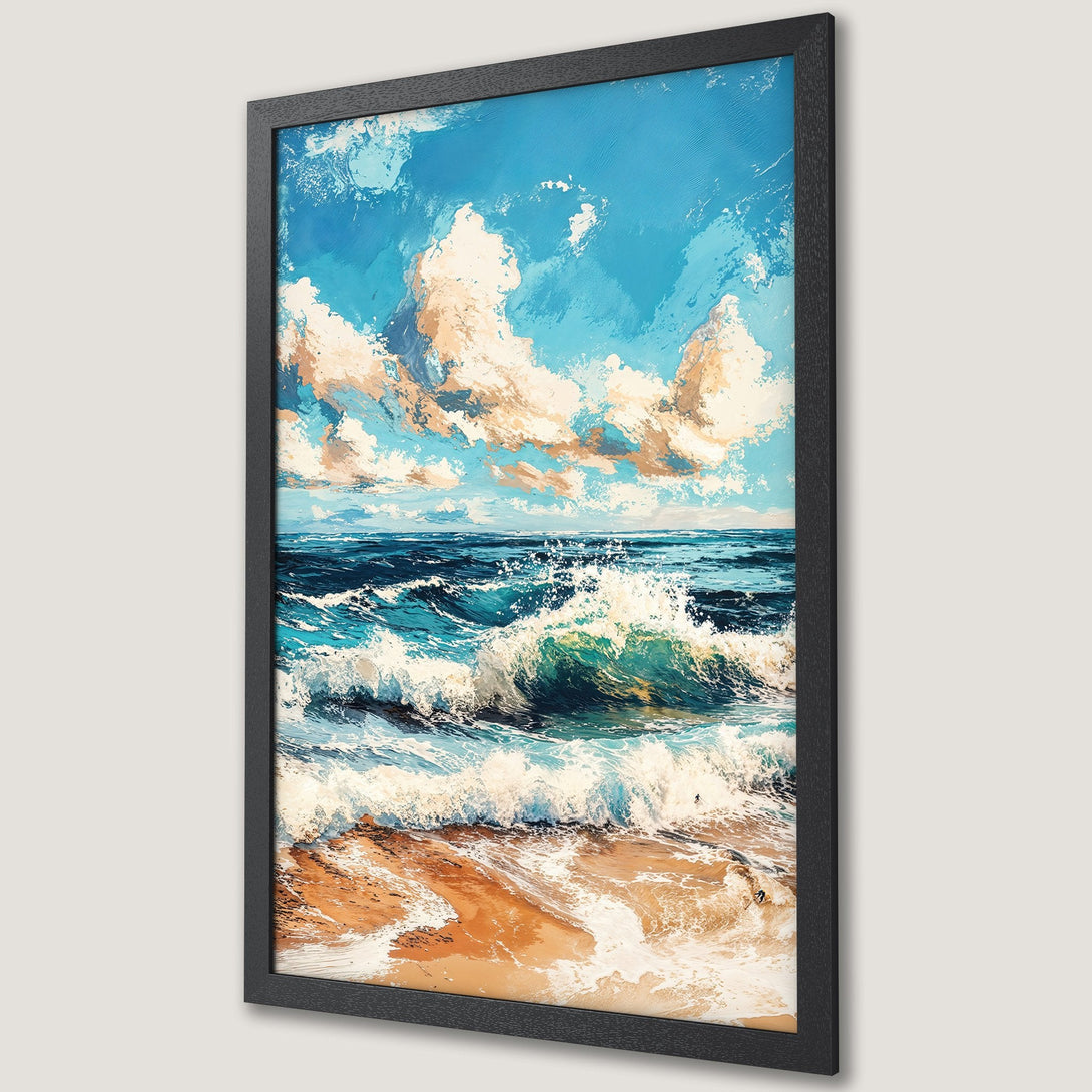 Framed Poster featuring a vibrant ocean wave painting. Impressionistic style with blue, turquoise, and beige color palette. Perfect coastal decor.