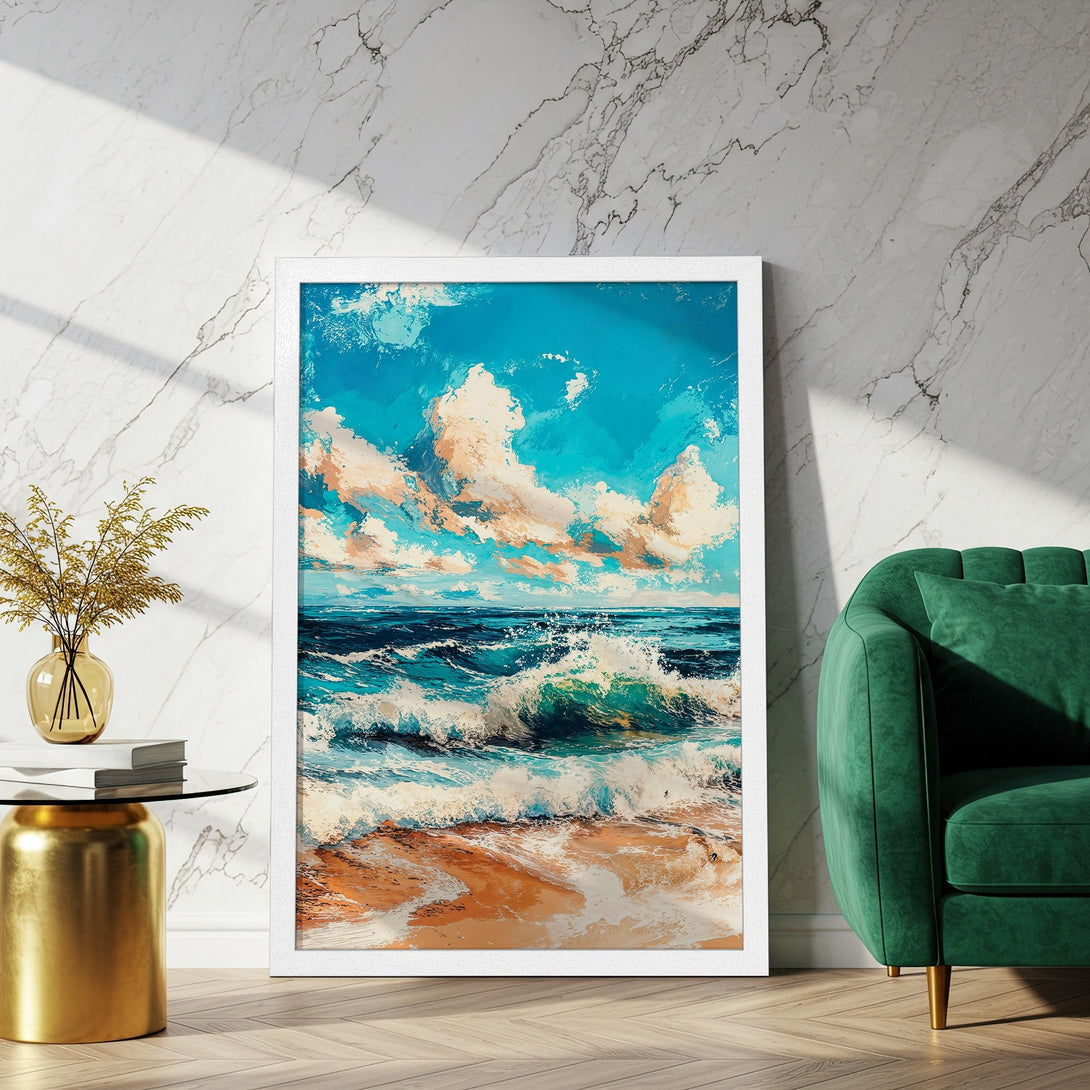 Framed Poster featuring a vibrant ocean wave painting. Coastal art in blue, teal, and beige tones. Perfect wall decor for any room.